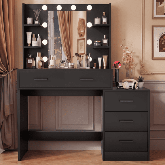Homall Makeup Vanity Desk with LED Lights, Mirror & Power Outlet, Dressing Table with 4 Shelves and 5 Drawers, Vanity Set & Nightstand for Bedroom, Black