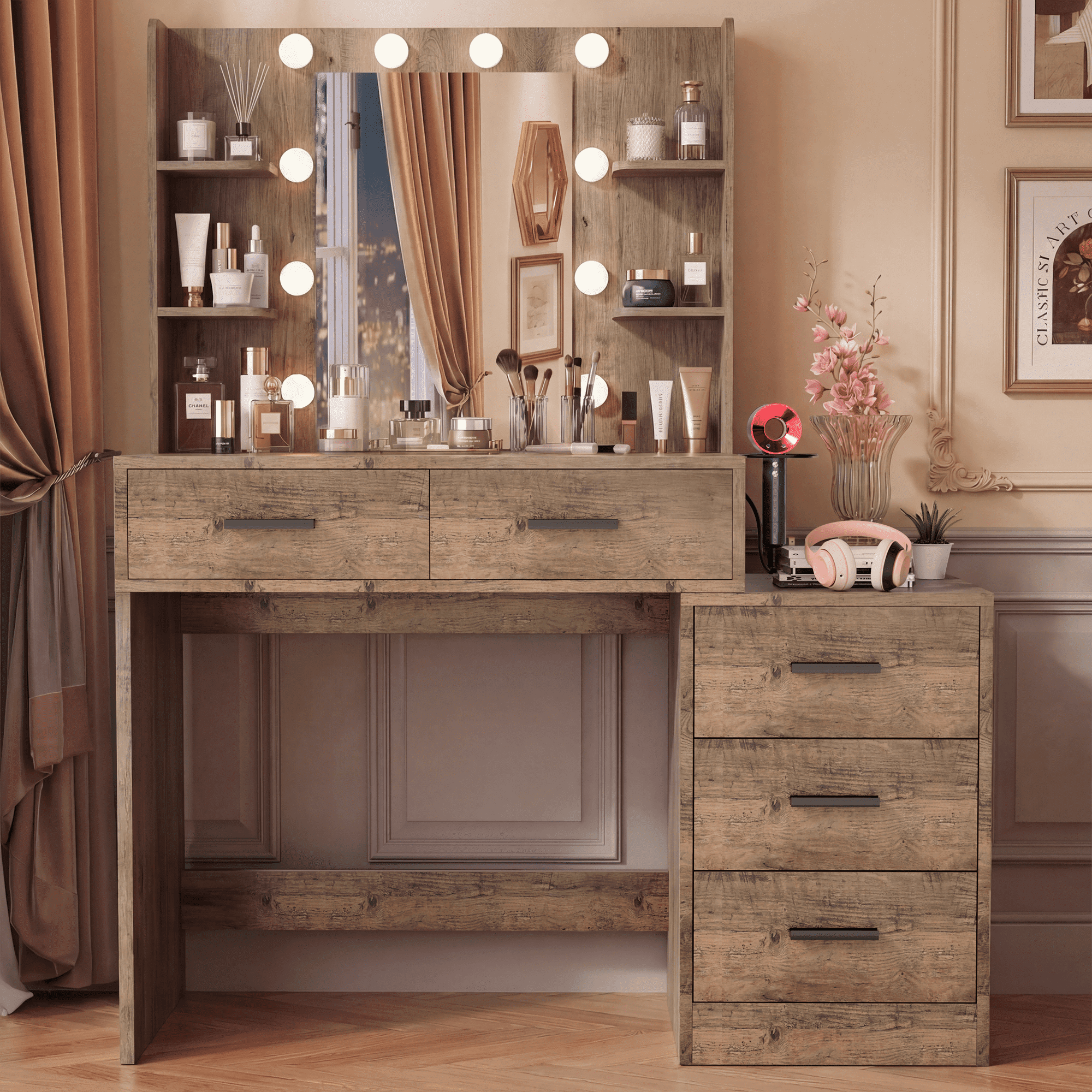 Homall Makeup Vanity Desk with LED Lights, Mirror & Power Outlet, Dressing Table with 4 Shelves and 5 Drawers, Vanity Set & Nightstand for Bedroom, Gray
