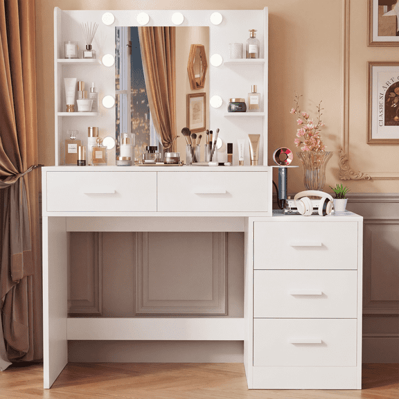 Homall Makeup Vanity Desk with LED Lights, Mirror & Power Outlet, Dressing Table with 4 Shelves and 5 Drawers, Vanity Set & Nightstand for Bedroom, White