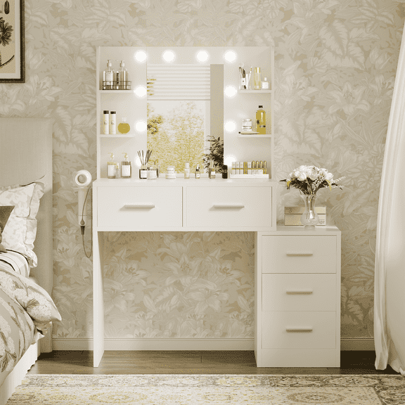 Homall Makeup Vanity Desk with LED Lights, Mirror & Power Outlet, Dressing Table with 4 Shelves and 5 Drawers, Vanity Set & Nightstand for Bedroom, White