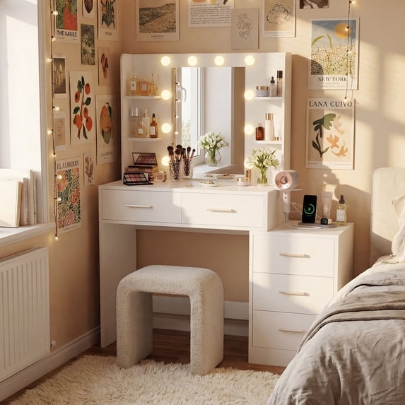 Homall Makeup Vanity Desk with LED Lights, Mirror & Power Outlet, Dressing Table with 4 Shelves and 5 Drawers, Vanity Set & Nightstand for Bedroom, White