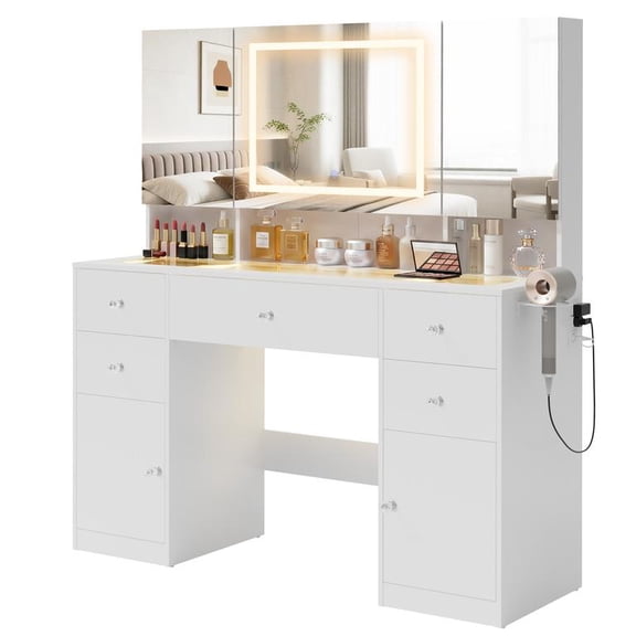 Homall Makeup Vanity with LED Mirror & Charging Station, Vanity Set with Mirrored Cabinet, Drawers & Glass Tabletop, Black Vanity Desk for Bedroom, White