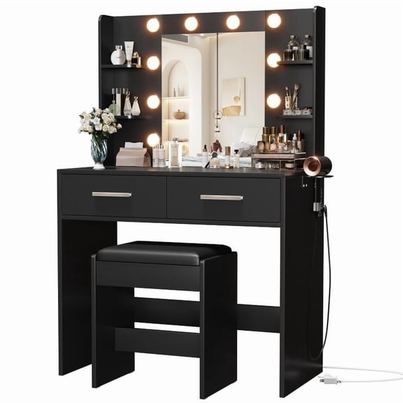 Homall Makeup Vanity Set with Mirro & 3 Modes Lights, Vanity Desk with Stool & Storage Drawers Shelves, Vanity Table with Power Outlet for Bedroom Dressing Room, Black
