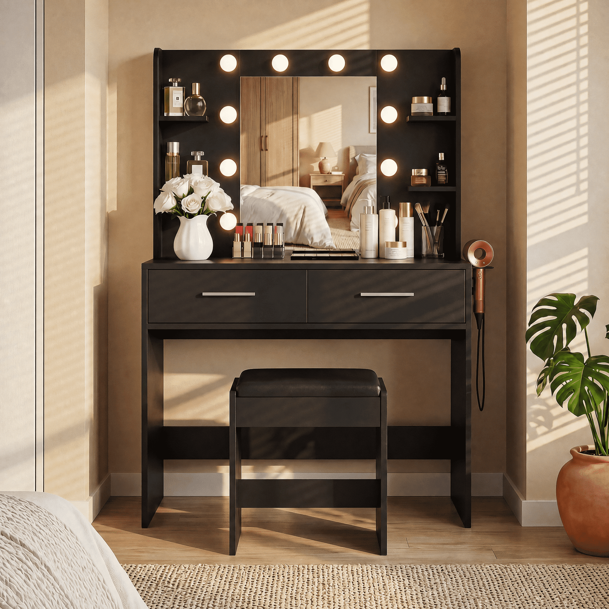 Homall Makeup Vanity Set with Mirror & Stool, Vanity Desk with LED Lights & Fast-Charging Outlet, Vanity Table for Bedroom Dressing Room, Black