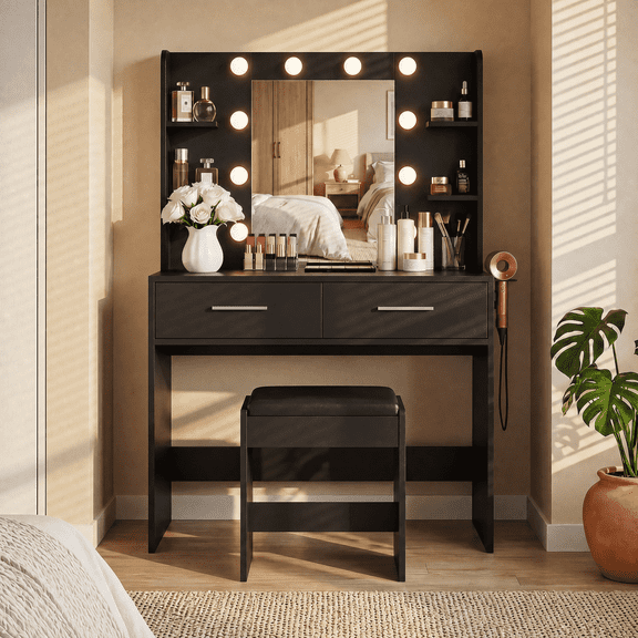 Homall Makeup Vanity Set with Mirror & Stool, Vanity Desk with LED Lights & Fast-Charging Outlet, Vanity Table for Bedroom Dressing Room, Black