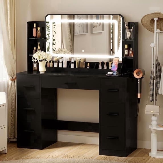 Homall Makeup Vanity Set with Mirror, Vanity Desk with LED Mirror & Charging Station, Vanity Table with Storage Drawers & Shelves for Bedroom Dressing Room, Black