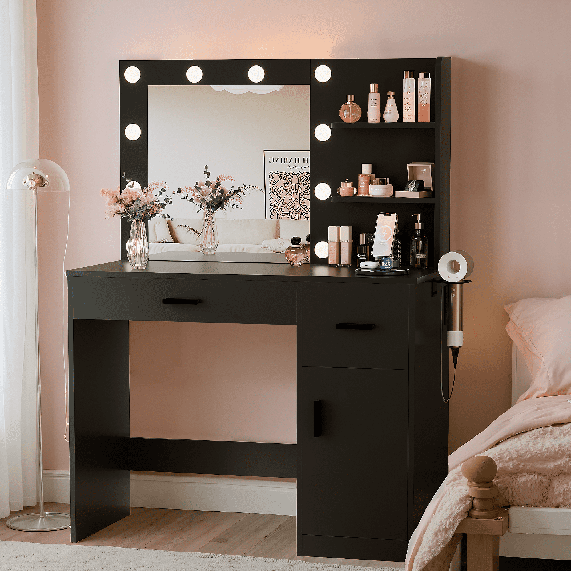 black dressing table with storage Costway Black Modern Bedroom Wood Dressing Table with Storage Shelf and Cushioned Stool