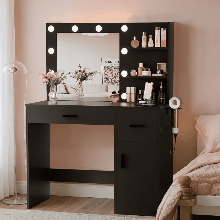 black dressing table with storage Homall Makeup Vanity Lights, Mirror, Cabinet, and Power Outlet for Bedroom and Room, filter-sleeve:Cap Sleeve