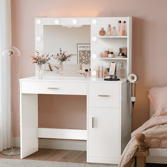 Homall Vanity Table Set with Lights, Mirror & Storage, Makeup Vanity Desk with Power Outlet for Bedroom, White