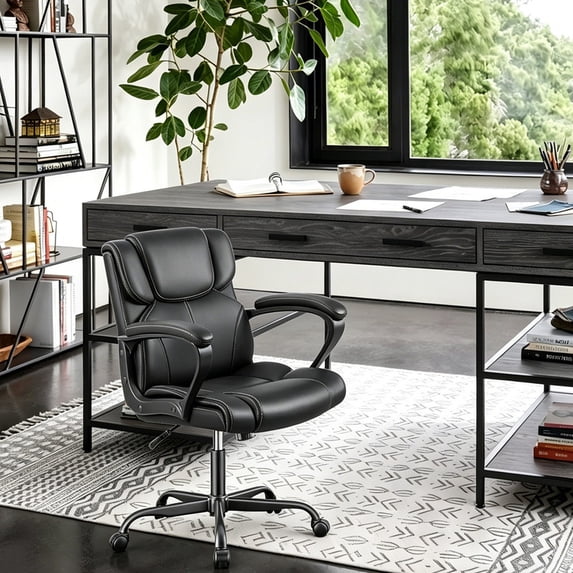 Homall Mid Back Executive Office Chair Swivel Computer Task Chair with Armrests, Ergonomic Leather-Padded Desk Chair with Lumbar Support, Black