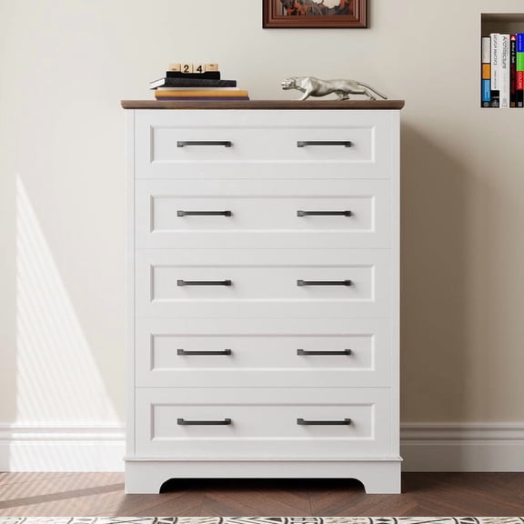 Homall Modern 5-Drawer Dresser Chest, Storage Cabinet Organizer with Handles for Bedroom, Living Room, Closet, Hallway,White and Brown