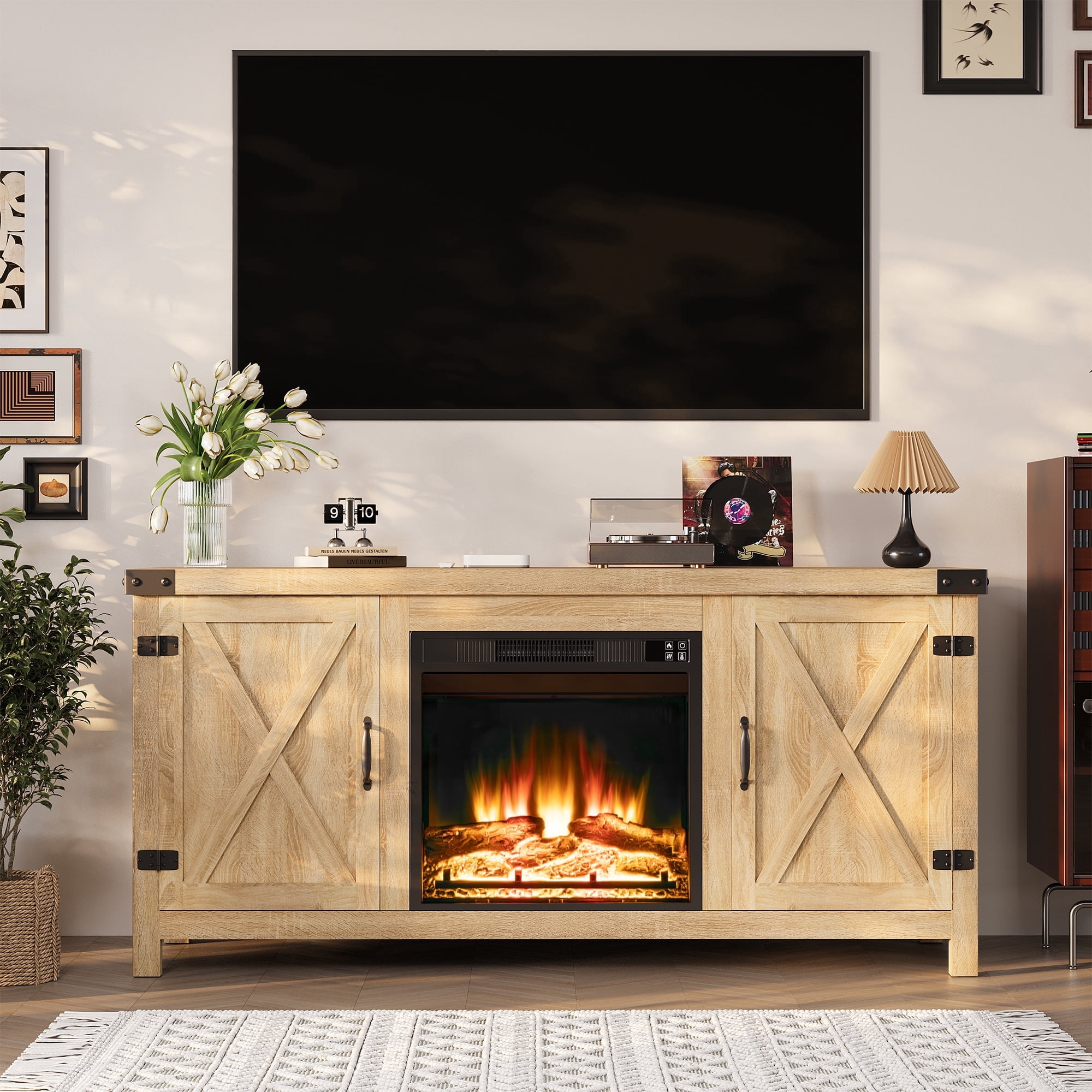 Homall Modern Farmhouse TV Stand Double Barn Door Fireplace TV Stand for TVs up to 65 inch,Oak