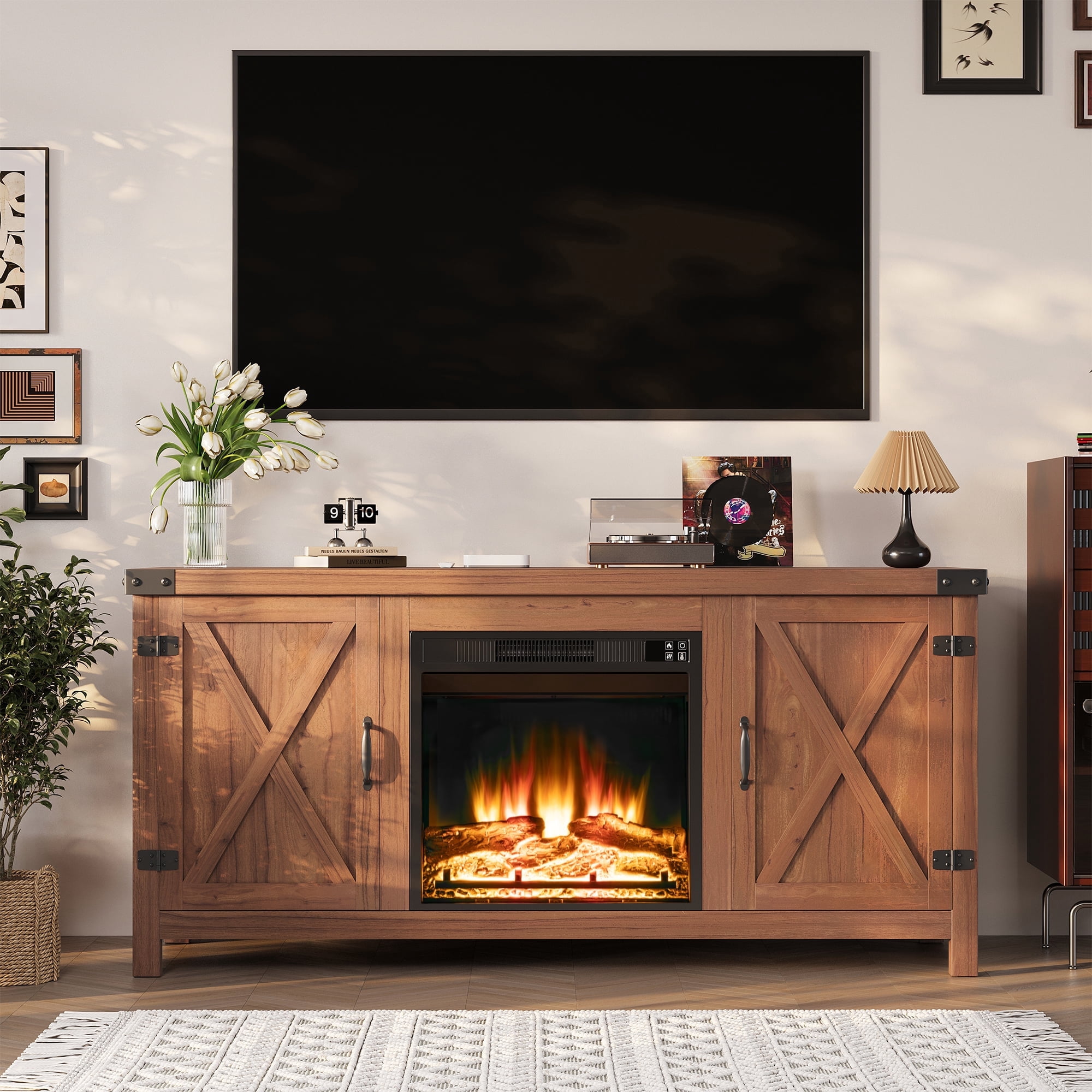 Homall Modern Farmhouse TV Stand Double Barn Door Fireplace TV Stand for TVs up to 65 inch,Rustic Brown