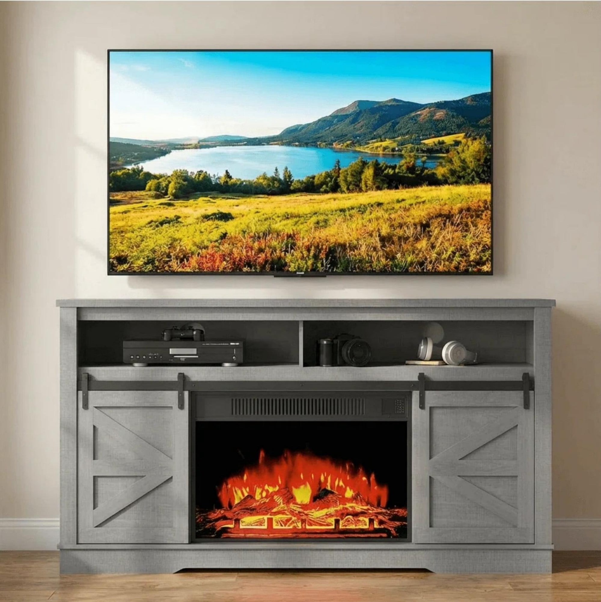 Homall Modern Farmhouse TV Stand with Electric Fireplace Media Storage TV Console Sliding Cabinet Doors,Gray