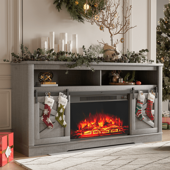 Homall Modern Farmhouse TV Stand with Electric Fireplace Media Storage TV Console Sliding Cabinet Doors,Gray