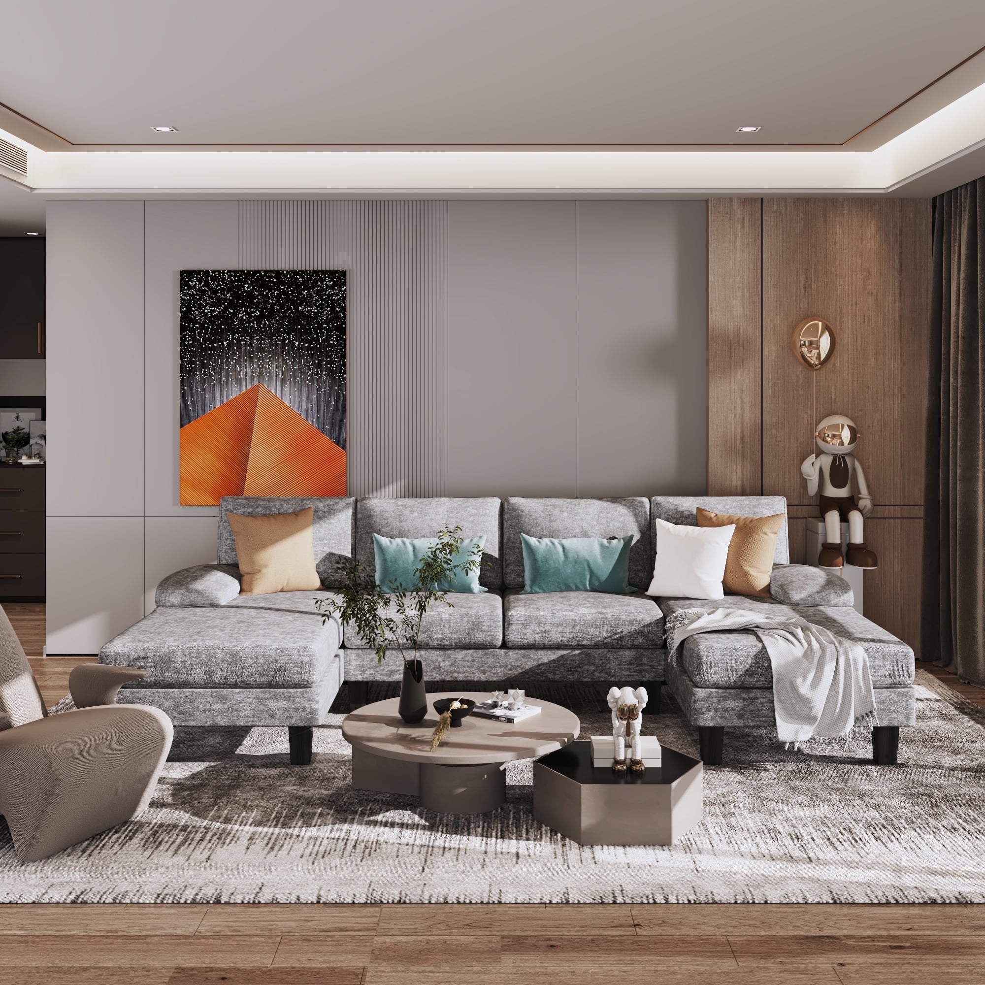 Gray Velvet U-Shape Sectional Sofa with Chaise