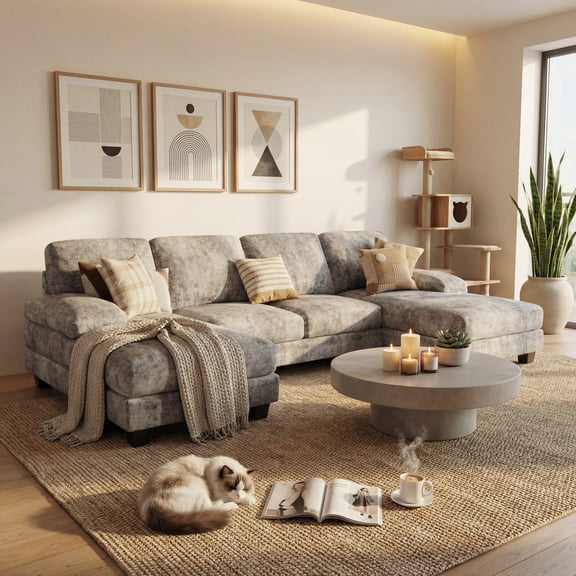 Homall U-Shape 6 Seat Sectional Sofa, Chenille Fabric Modular Couch, Oversized Sofa with Chaise for Living Room, Light Gray