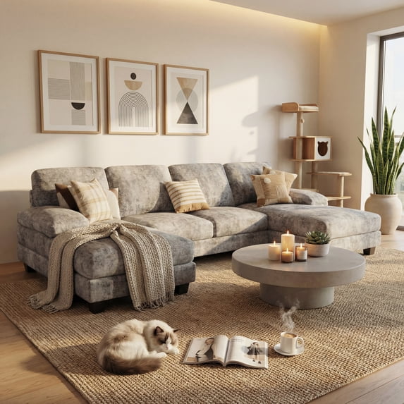 Homall U-Shape 6 Seat Sectional Sofa, Chenille Fabric Modular Couch, Oversized Sofa with Chaise for Living Room, Light Gray