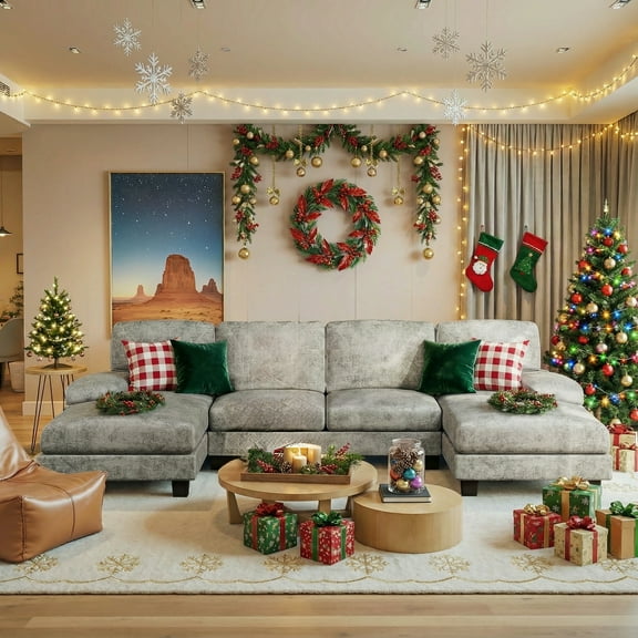 Homall Modern U-Shape 6 Seat Sectional Sofa, Chenille Fabric Modular Couch, Oversized Sofa with Chaise for Living Room, Light Gray