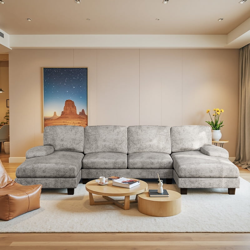 Homall Modern U Shape 6 Seat Sectional Sofa Chenille Fabric Modular Couch Oversized Sofa with Chaise for Living Room Light Gray