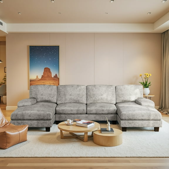 Homall Modern U-Shape 6 Seat Sectional Sofa, Chenille Fabric Modular Couch, Oversized Sofa with Chaise for Living Room, Light Gray