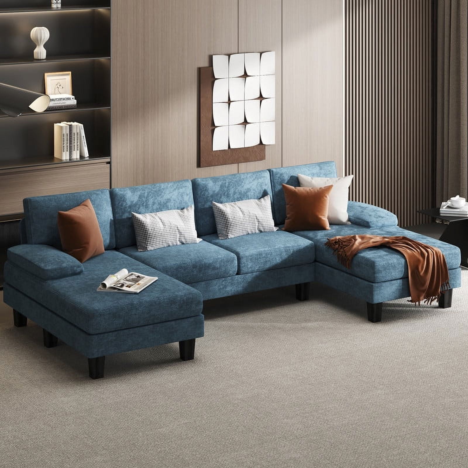 Homall Modern U Shape Sectional Sofa Chenille Fabric Modular Couch 4 Seat Oversized Sofa with Chaise for Living Room Blue