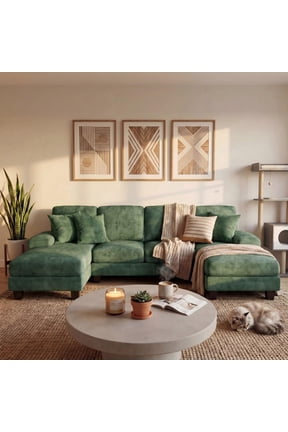 Modern U-Shape Sectional Sofa, Chenille Fabric Modular Couch, 4 Seat Oversized Sofa with Chaise for Living Room, Green