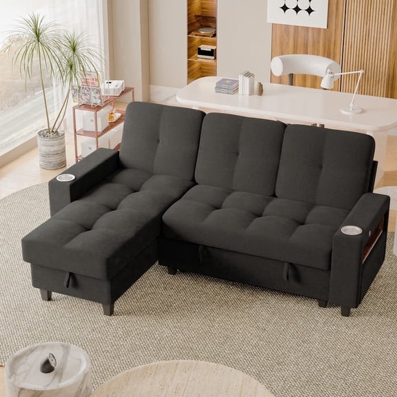 Homall Modular 80" L-Shaped Sectional Sofa with Storage, Cup Holders, USB & Type-C Charging Ports, LED Light, Fabric Couch for Living Room, Dark Grey