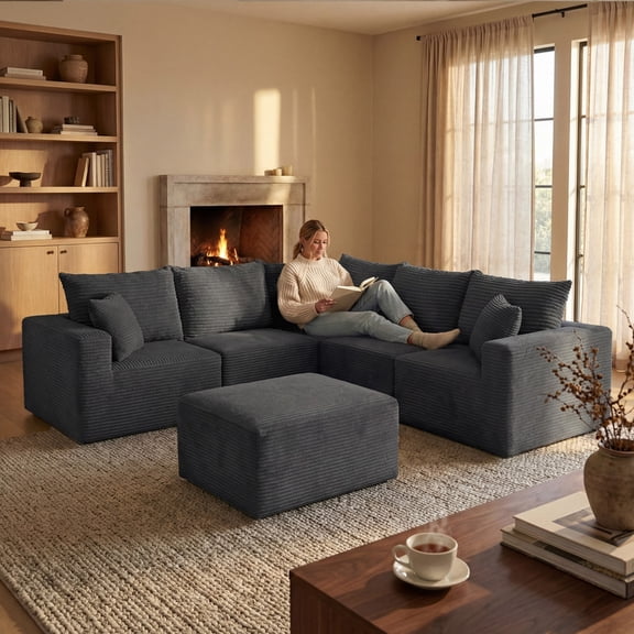 Homall Modular Corduroy Sofa, Sectional Couch with Convertible Modules, Modern Minimalist Sofa Set for Living Room, Freely Combinable Sofa Furniture, Black