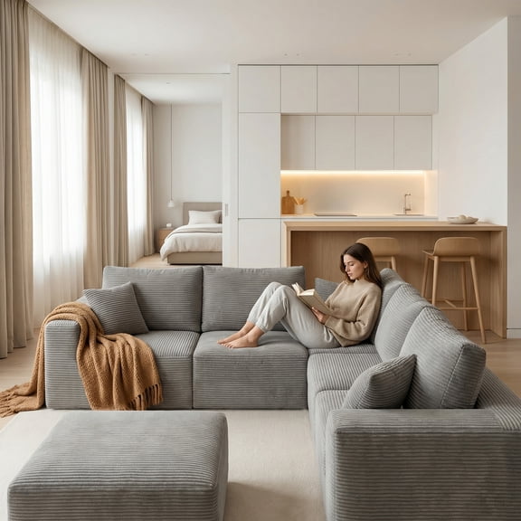 Homall Modular Corduroy Sofa, Sectional Couch with Convertible Modules, Modern Minimalist Sofa Set for Living Room, Freely Combinable Sofa Furniture, Grey