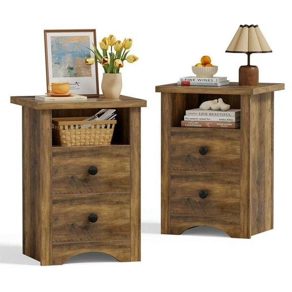 Homall NightStand Set of 2 with 2 Drawers & Open Storage Shelf, Farmhouse End Table Bedside Table for Bedroom Living Room, Warm Amber