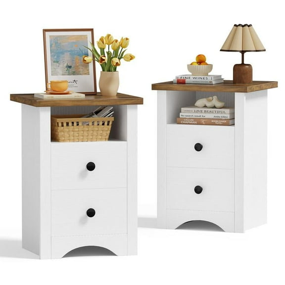 Homall NightStand Set of 2 with 2 Drawers & Open Storage Shelf, Farmhouse End Table Bedside Table for Bedroom Living Room, White