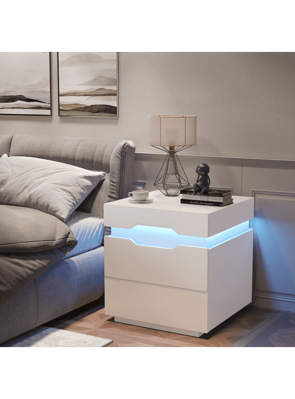 Homall Nightstand 2 Drawers Led Bedside End Tale with Remote and Charging Ports, White
