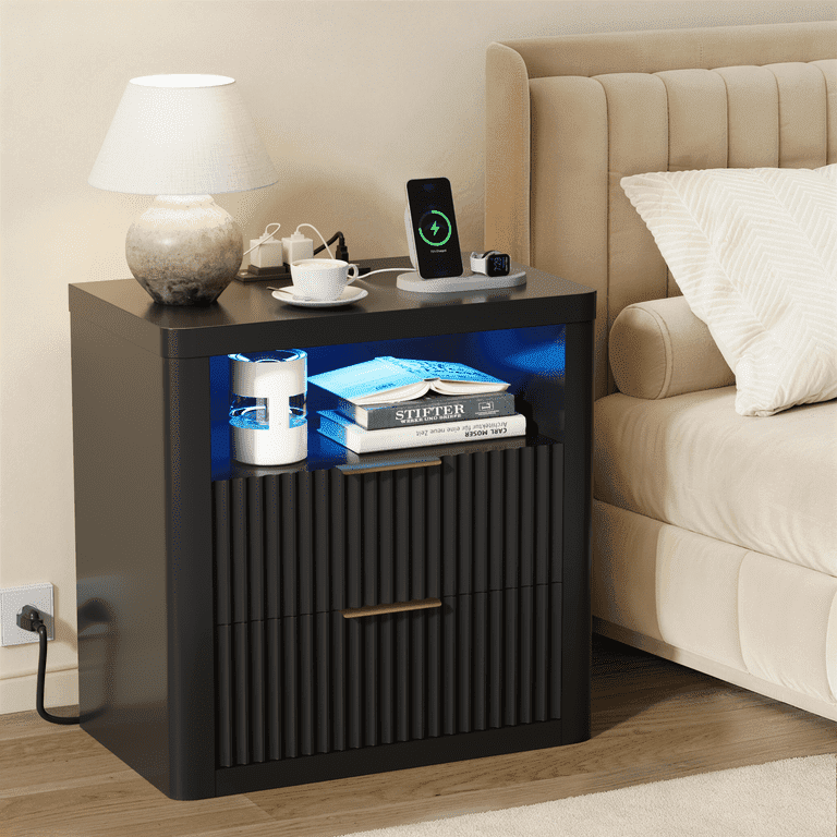 Homall Nightstand with Charging Station & LED Lights, Heavy-Duty Modern End Table with 2 Drawers, Bedside Table for Bedroom, Living Room, Black