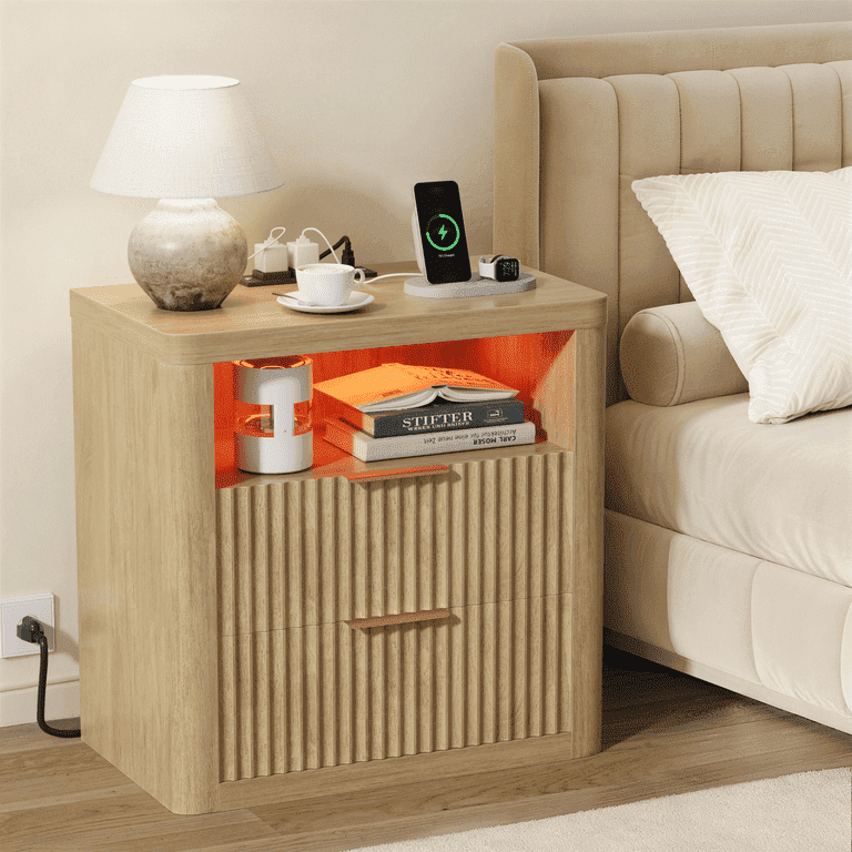 Homall Nightstand with Charging Station & LED Lights, Heavy-Duty Modern End Table with 2 Drawers, Bedside Table for Bedroom, Living Room, Natural