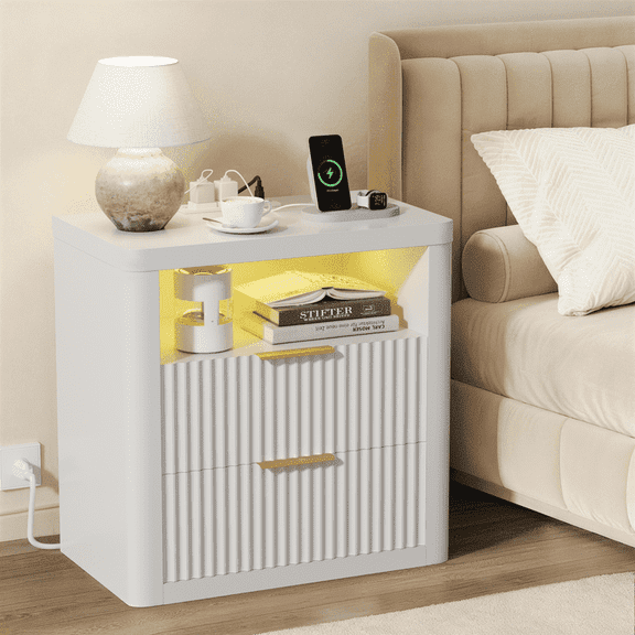 Homall Nightstand with Charging Station & LED Lights, Heavy-Duty Modern End Table with 2 Drawers, Bedside Table for Bedroom, Living Room, White