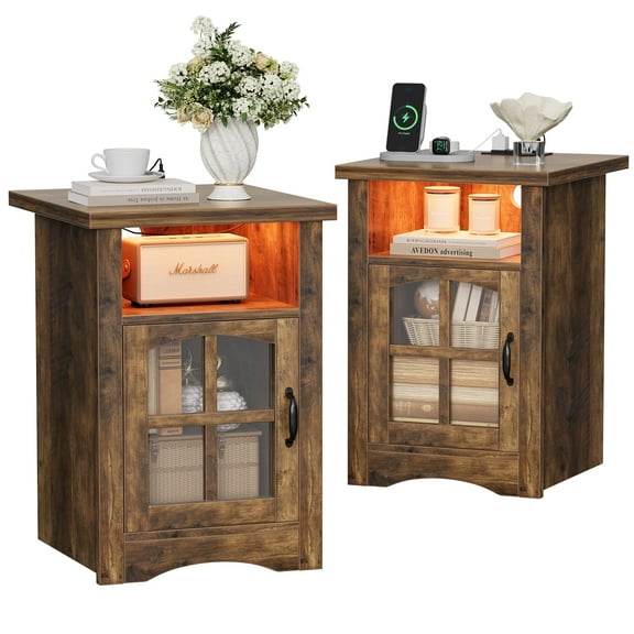 Homall Nightstand Set of 2 with Charging Station & Adjustable LED Lights, End Table Bedside Table with Glass Door & Open Shelf for Bedroom Living Room, Brown