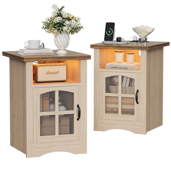 Homall Nightstand Set of 2 with Charging Station & Adjustable LED Lights, End Table Bedside Table with Glass Door & Open Shelf for Bedroom Living Room, Natural
