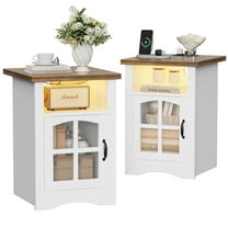Homall Nightstand Set of 2 with Charging Station & Adjustable LED Lights, End Table Bedside Table with Glass Door & Open Shelf for Bedroom Living Room, White