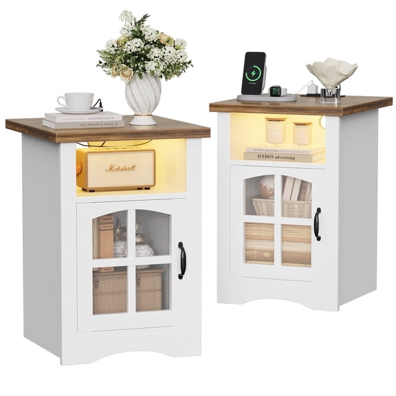 Homall Nightstand Set of 2 with Charging Station & Adjustable LED Lights, End Table Bedside Table with Glass Door & Open Shelf for Bedroom Living Room, White