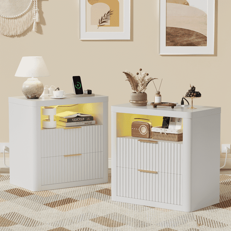 Homall Nightstand Set of 2 with Charging Station & LED Lights, Heavy-Duty Modern End Table with 2 Drawers, Bedside Table for Bedroom, Living Room, White