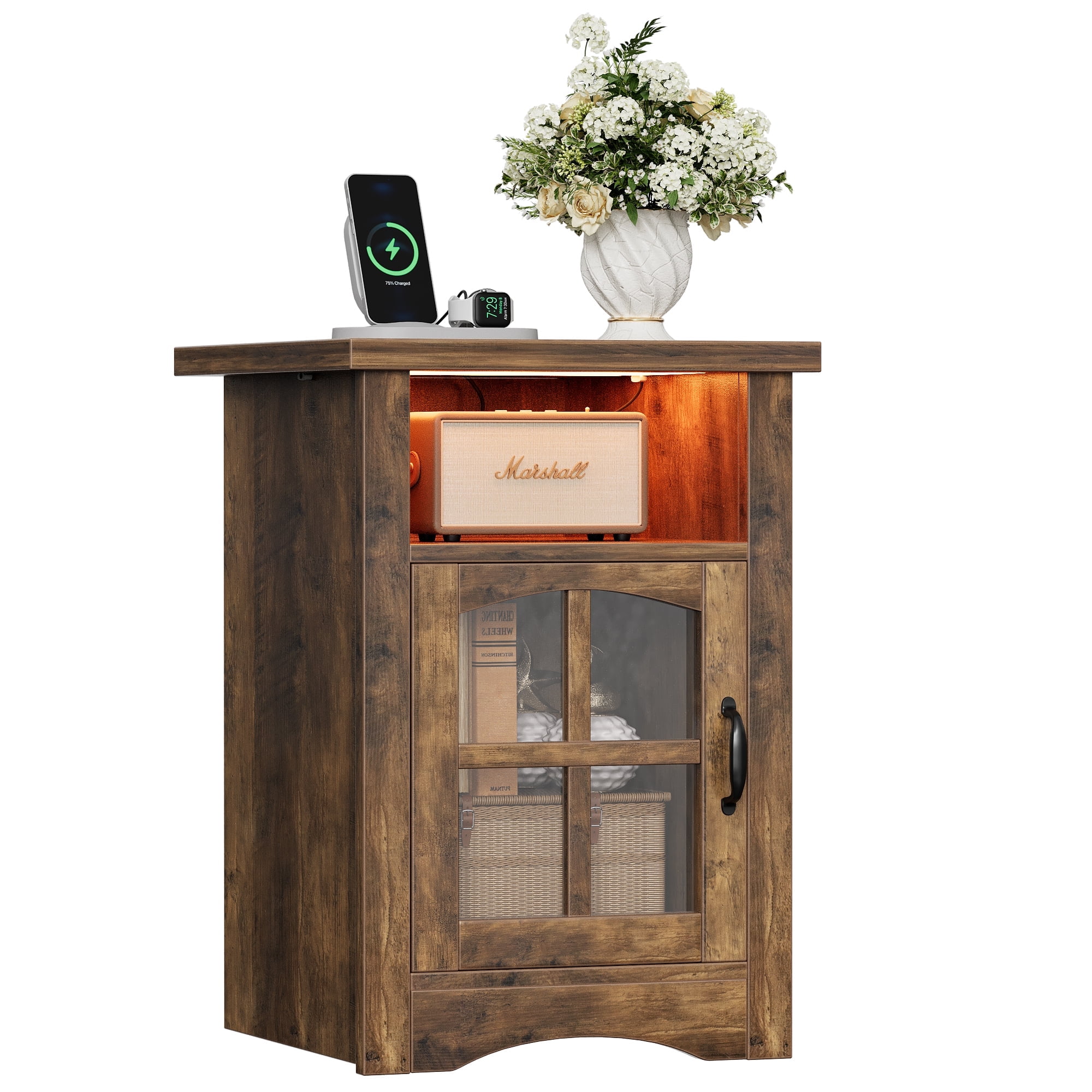 Homall Nightstand with Charging Station & Adjustable LED Lights, End Table Bedside Table with Glass Door & Open Shelf for Bedroom Living Room, Brown