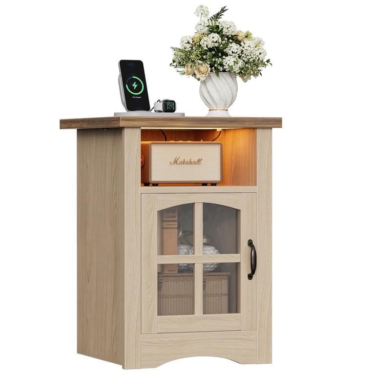 Homall Nightstand with Charging Station & Adjustable LED Lights, End Table Bedside Table with Glass Door & Open Shelf for Bedroom Living Room, Natural