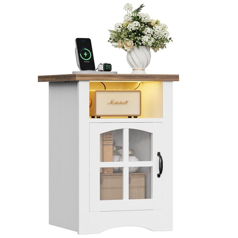 Homall Nightstand with Charging Station & Adjustable LED Lights, End Table Bedside Table with Glass Door & Open Shelf for Bedroom Living Room, White