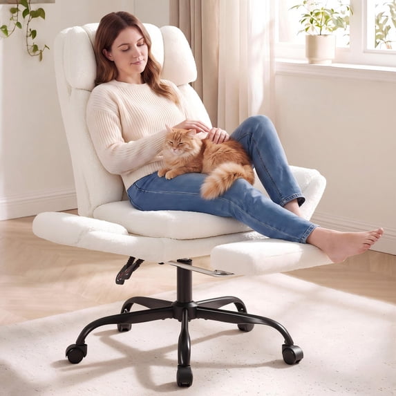 Homall Office Chair, Teddy Plush Ergonomic Criss Cross Desk Chair with Adjustable Armrests, Swivel Vanity Chair Comfy Computer Chairs, White