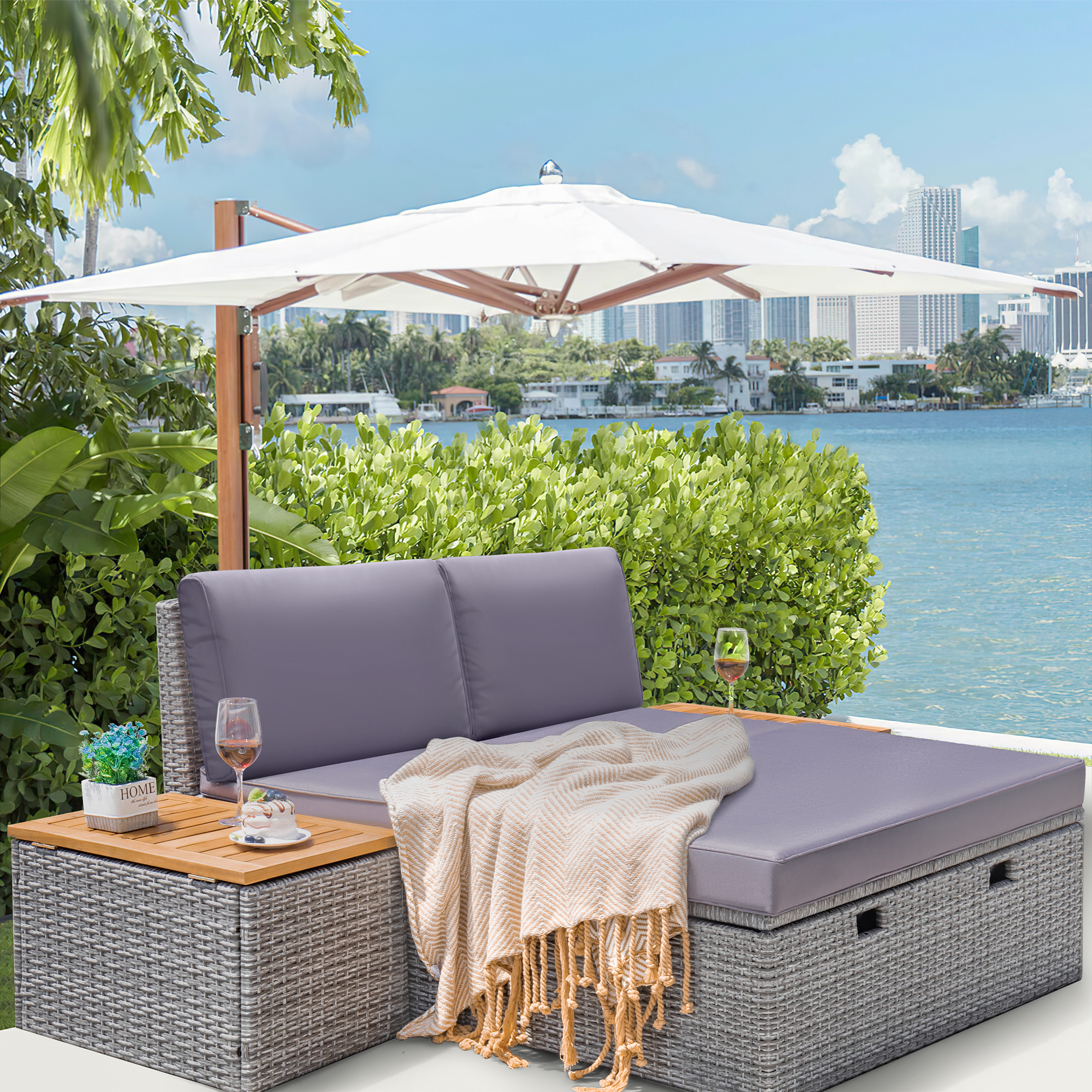 Homall Outdoor Daybed Patio Furniture Set Rattan Storage Daybed with Cushion and Side Table, Gray - image 1 of 8