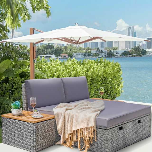 Homall Outdoor Daybed Patio Furniture Set Rattan Storage Daybed with Cushion and Side Table, Gray