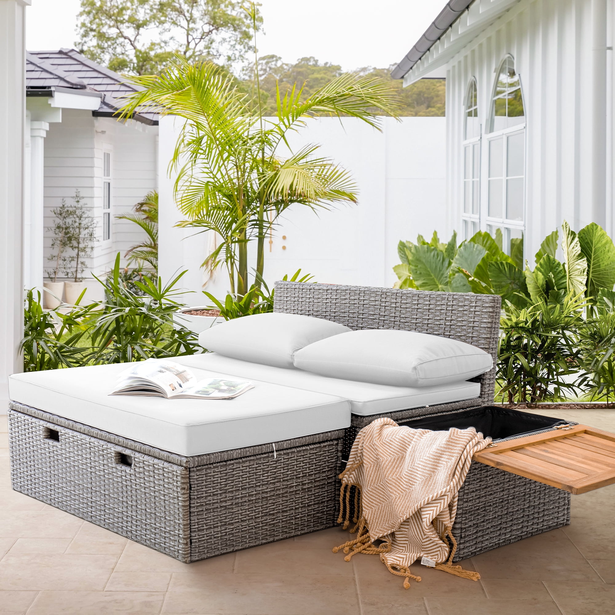 Homall Outdoor Daybed Patio Furniture Set Rattan Storage Daybed with Cushion and Side Table White