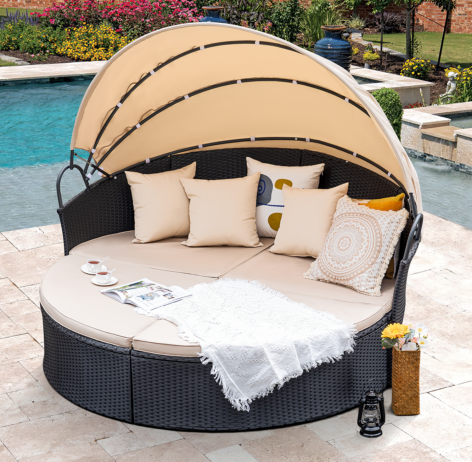 Homall Outdoor Daybed with Retractable Canopy Sectional Rattan Round Bed for Patio, Black & Beige - image 1 of 7
