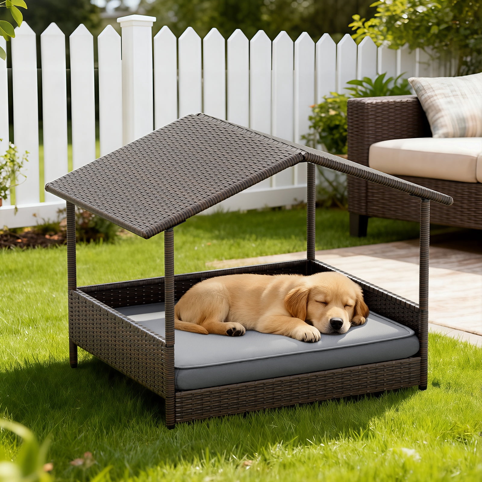 Homall Outdoor & Indoor Rattan Dog Shelter with Removable Cushion, Dog House, Dog Bed with Canopy for Small/Medium Dogs, Brown